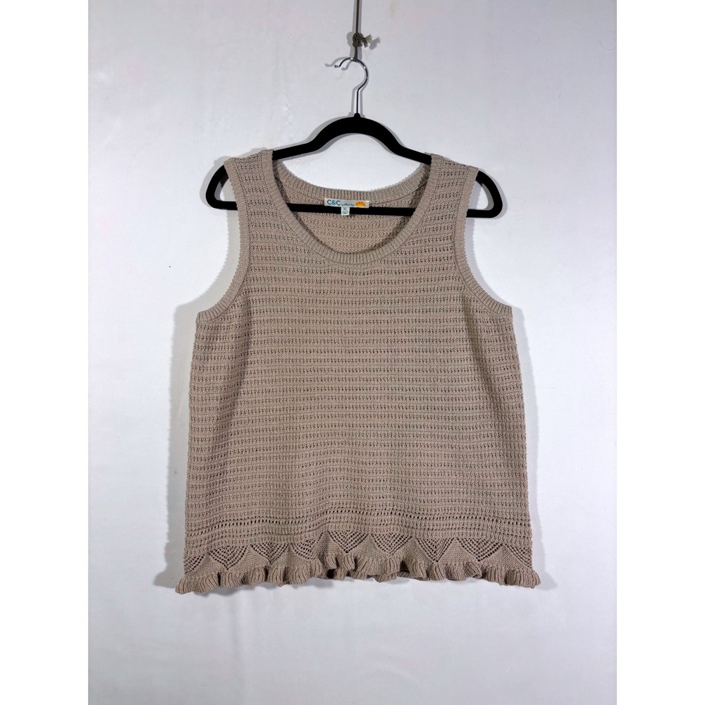 Minimalist Classic Boho Crochet C&C California Ruffle Knit Tank Top Women XL Tan